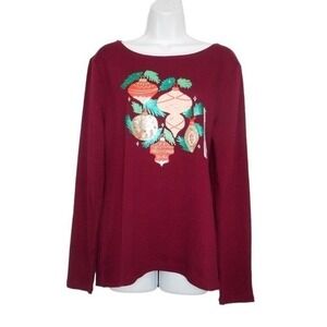 Croft Barrow Top M Red Long Sleeve Christmas Ornament Embellished Graphic Tee